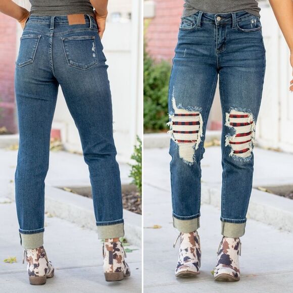 Judy Blue Denim - Judy Blue Buffalo Plaid Patch Midrise Cuffed Boyfriend Jeans Dark Wash Size 29